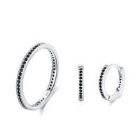 Ailmay 925 Sterling Silver Trendy Black Zircon Hoop Earrings Rings For Women Party Gothic Style Jewelry Set