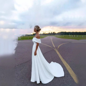 Off The Shoulder Satin Wedding Dress A Line Natural Waist White Bridal Gown Simple Style For Travel Photography - Product Image 3