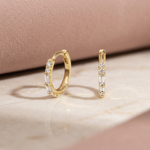 Round and Baguette Lab Grown Diamond <b>Huggie</b> Hoop Earrings Rhodium Plated Trendy 10K 14K 18K Gold 925 935 <b>Silver</b> - Product Image 1