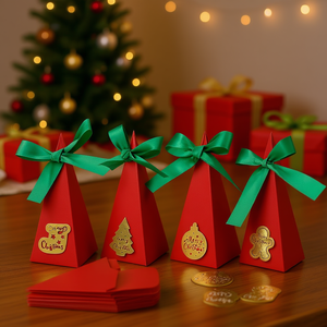 Cajas de Dulces Navideñas Triangulares con Cinta, 4 Estilos, Papel Artístico con Diseño Navideño en Dorado - Product Image 2