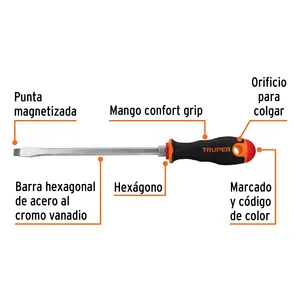Destornillador plano BOX 6 de 3/8" x 8" con mango de agarre cómodo, TRUPER - Product Image 2
