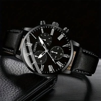 Montre Noire de Luxe pour Homme avec Grand Cadran, Bracelet en Cuir, Ensemble de Bracelets Tendance Business, Cadran Roman, Montre à Quartz pour Homme avec Ensemble de Bracelets