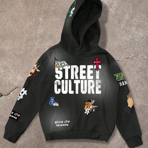 Sweat à capuche personnalisé pour homme, broderie lettres style streetwear hip-hop, délavé à l'acide, effet soleil, épaules tombantes, coupe carrée courte, style automne - Product Image 4