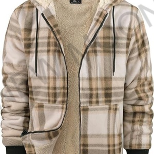 Custom Men's Faux Leather Flannel Hooded Jacket Winter Warm Coat with Plaid Zipper Sherpa Hood Fleece Lined Flannel Shirt - Product Image 3