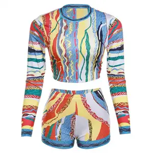 trending new printed o neck long sleeve cropped louse and short pant two piece set fall 2023 women clothes
