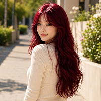 Perruque synthétique bordeaux longue ondulée effet mouillé avec frange pour femme, résistante à la chaleur, ligne de cheveux naturelle, sans colle, ajustable, OEM