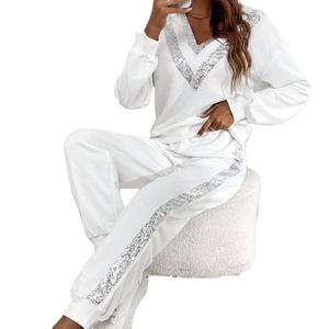 OEM Custom Woman's Contrast Sequin Drop Shoulder Sweatshirt &amp; Sweatpants 2 Pieces V Neck Pullover and Patchwork <strong>Pants</strong> for Woman - Product Image 3