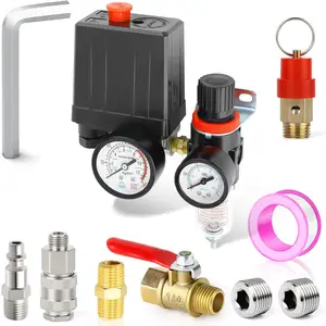 Air Compressor Pressure Switch Control Valve 90-120 PSI 110V-240V 4-way Replacement Parts With 0-180 Psi Moisture Filter