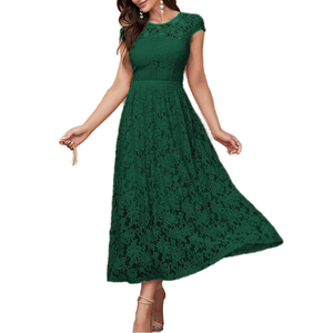 Robe de soirée midi élégante style célébrité, anti-statique, pour femme, idéale pour les fêtes, banquets, en dentelle et mousseline, coupe trapèze, col en V - Product Image 1