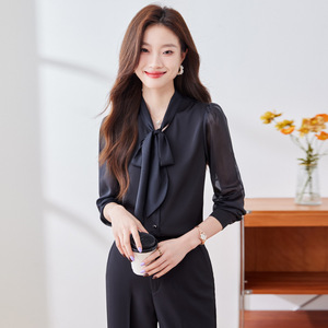 Women's <b>White</b> Chiffon Blouse With Bow Tie Long Sleeve Office Shirt Solid Color Polyester Fabric Irregular Design YZH6585 - Product Image 4