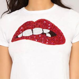 Camisetas cortas <span class=keywords><strong>de</strong></span> cuello redondo para niñas, Camisa <span class=keywords><strong>de</strong></span> algodón con lentejuelas personalizadas, 220gsm, novedad - Product Image 3