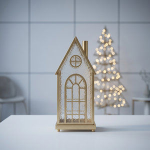 Latest Trending Style <b>Gold</b> Metal House Shape Candle Holder <b>Lantern</b> with Rainfall Glass for Home Decoration - Product Image 2