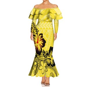 カスタムダブルフリルマーメイドロングドレス太平洋諸島アートデザインオフショルダー長袖ドレスレディーフィッシュテールプロムドレス - Product Image 2