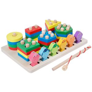 2 in 1 Fishing Game Montessori Wooden Motor Skills Geometric <b>Block</b> Color <b>Shape</b> Sorter Puzzle Toys - Product Image 1