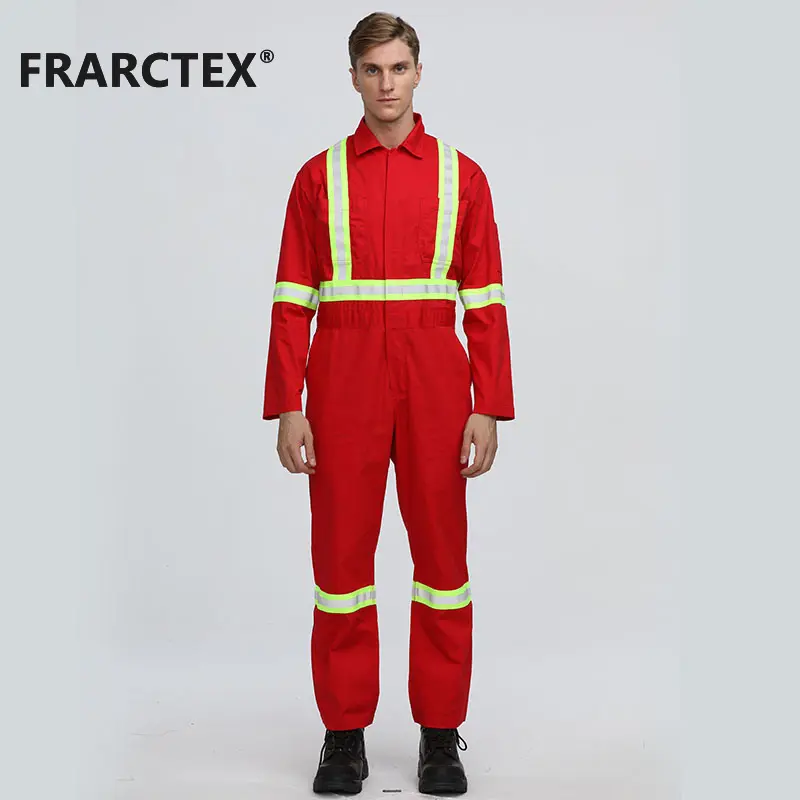 Customized Oil Resistant Reflective Red frc Fire Proof Coverall for Men Flame Retardant Hi-vis fireproof Coverall with Reflector