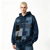 Sweat-shirt Streetwear Oversize à Capuche avec Cordon de Serrage, Broderie Multi-Patchs en Grille, Bords Effilochés, Effet Déchiré et Poche Kangourou, Impression DTG Kornit
