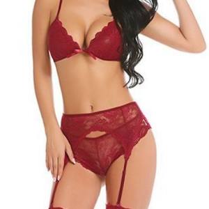 Nuevo conjunto de lencería sexy de tres piezas para mujer, estilo europeo americano, con encaje multicolor, transpirable, hueco, fino, con ligas, de tela <span class=keywords><strong>dobby</strong></span> y copas extraíbles 18 - Product Image 4