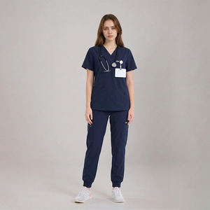 Ensembles de tenues médicales bleu marine : Haut à col en <span class=keywords><strong>V</strong></span> et pantalon jogger à taille élastique avec cordon de serrage et poches, en tissu polyester, rayonne et élasthanne - Product Image 4