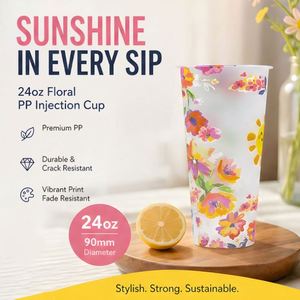 Gobelet à thé au lait en PP à motif floral avec doublure intérieure, diamètre 90 mm, 700 ml, avec couvercle, personnalisable, pour boissons, pour thé au lait, avec membrane intégrée - Product Image 2