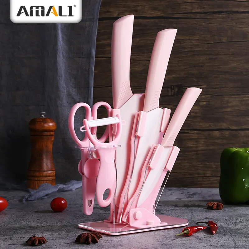 6 Piece Ceramic Knives Set With Acrylic Knife Block With Stainless Scissors Ceramic Peeler
