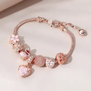 Best Selling Oil Drop Designer Charms For Diy Bracelet Rose Gold Rhinestone Crystal Flower Heart Charm Beaded Bracelet For Women