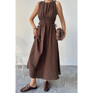 Robe maxi sans manches en mousseline marron, taille élastique, robe décontractée, taille S - Product Image 5