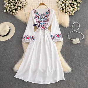 Wholesale 2022 Summer Bohemian Embroidered Fringe Lace Up Waist Loose A-Line Large Swing Dress Seaside Vacation Casual Dress