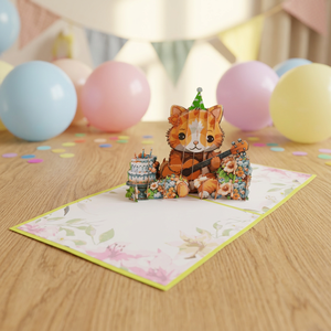 Carte pop-up 3D Joyeux Anniversaire Chat Guitare, artisanale, en papier vietnamien, design personnalisé, décoration de maison pour Thanksgiving, meilleures ventes - Product Image 1