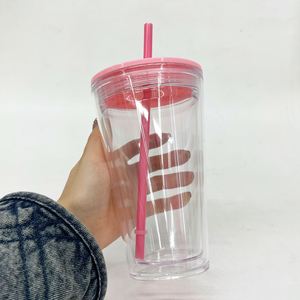 Hot Sell 16oz 24oz <b>Double</b> <b>Walled</b> Acrylic Tumbler with Colorful Lids and Straws 16 oz clear Travel Coffee Beer Plastic Kids Cup - Product Image 4