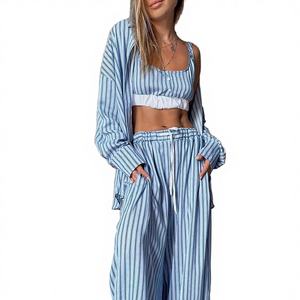 <b>Long</b> Sleeve Blue Striped ODM Soft 100% Polyester Pajamas Set Shirt Bra Pants Wholesale Comfortable Home Wear Sets Casual Pajamas - Product Image 1