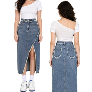 Jupe midi en <span class=keywords><strong>jean</strong></span> vintage fendue sur le devant pour femme, taille haute, élégante, coupe trapèze, longue, style chic français, été 2026 - Product Image 1