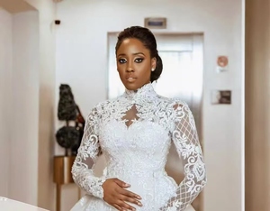 Vestido de Novia Africano con Mangas Abullonadas, Cuello Alto, Encaje, Bordado Floral, Sin Tirantes, Vestido Formal para Mujer - Product Image 3