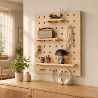 Kit d'organisation murale en bois sculpté style nordique minimaliste, étagères à trois niveaux, crochets, pour bureau, entrée, salon, rangement et décoration