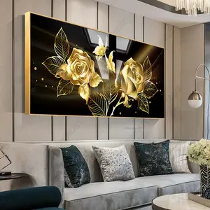 Imagem de flores de plantas douradas, decoração de parede, de alta qualidade, imagens de flores, pintura de vidro de porcelana com moldura de metal dourado