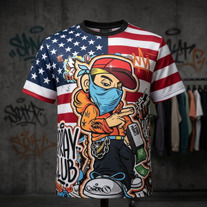 T-shirt pour homme à manches courtes, col rond, imprimé dessin animé Spray Club, style streetwear, coupe classique, logo imprimé sur le devant - Product Image 4