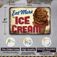 Plaque Métallique Rétro Glace, Décoration Murale Vintage pour Cuisine, Salle à Manger, Pâtisserie, Glacé, Gâteau, Motif 'Eat More Ice Cream'