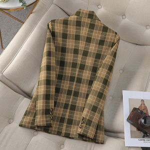 Traje de Lana de 2 Piezas para Mujer, Elegante y Sencillo, <span class=keywords><strong>Blazer</strong></span> a <span class=keywords><strong>Cuadros</strong></span> Marrón y Azul Marino con Falda de Cintura Alta y Decoración de Botones, Formal e Informal - Product Image 4