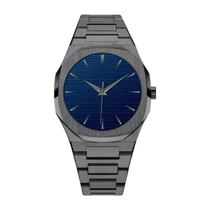 Original Design Gunmetal Grey Blue Striped Solid Stainless Steel Private Label Quartz Wrist Watch for Men