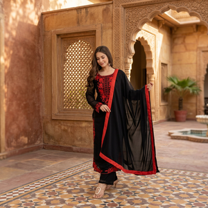 TENNECY Designer Heavy Faux Georgette <b>Top</b> Plazzo Dupatta Set <b>Wedding</b> Party Wear Heavy Embroidery Stretchable Reversible - Product Image 1