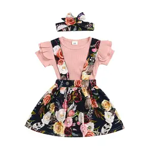 Лидер продаж, платье галлюса с цветочным узором и топ с коротким рукавом, подходящая повязка на голову, комплект одежды из 3 предметов для маленьких девочек