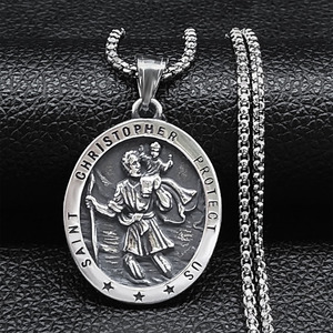 Collier religieux en acier inoxydable avec médailles en argent antique, croix antique, Saint Benito, Saint Christophe, Saint Michel, symboles chrétiens - Product Image 1