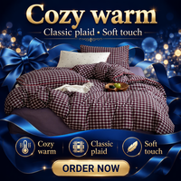 Parure de lit 100% coton lavé, motif écossais rouge bordeaux rétro, housse de couette avec passepoil, drap-housse doux et respirant + taies d'oreiller, 4 pièces
