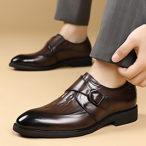 Chaussures habillées Monk Strap pour hommes en cuir véritable à bout pointu avec boucle, idéales pour le bureau et la carrière, semelle extérieure antidérapante en caoutchouc pour l'automne - Product Image 2