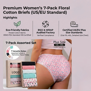 Mutandine da donna <span class=keywords><strong>taglie</strong></span> <span class=keywords><strong>forti</strong></span> personalizzate, multipack, in cotone elasticizzato premium, con stampa floreale, 1XL-4XL, OEM/ODM, <span class=keywords><strong>lingerie</strong></span> ecologica - Product Image 1