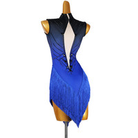 Robe de danse une pièce à col haut avec dégradé de strass et franges pour la compétition de danse latine