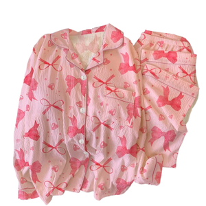 Pyjama décontracté d'automne pour femme, doux et confortable, imprimé rouge doux, manches longues, pantalon, tenue d'intérieur tendance - Product Image 1