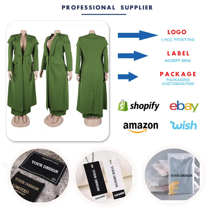 High Quality Ladies Suits Office Wear Outfits For Women Pants + Long Blazer Set Two Piece Formal Suits Set For Women