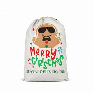 Sac cadeau de Noël personnalisé avec logo imprimé, sac de Père Noël, sac en lin à cordon avec motif de dessin animé mignon - Product Image 3