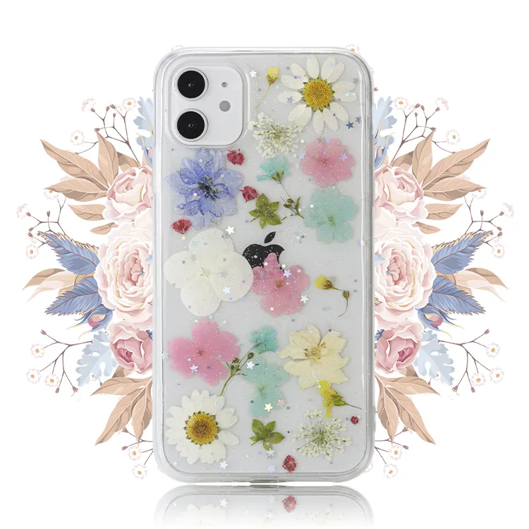 New Style Customized Bulk Phone Cover Maker Real Dried Flower Girls Cell Phone Case for iPhone 11 12 13 XR Pro Max
