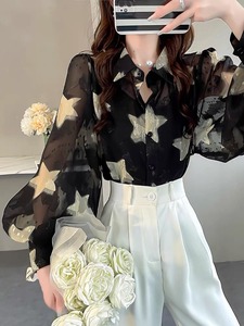 Nuova camicetta con stampa floreale <span class=keywords><strong>nera</strong></span> a manica a lanterna da donna camicette trasparenti Casual con protezione solare - Product Image 2